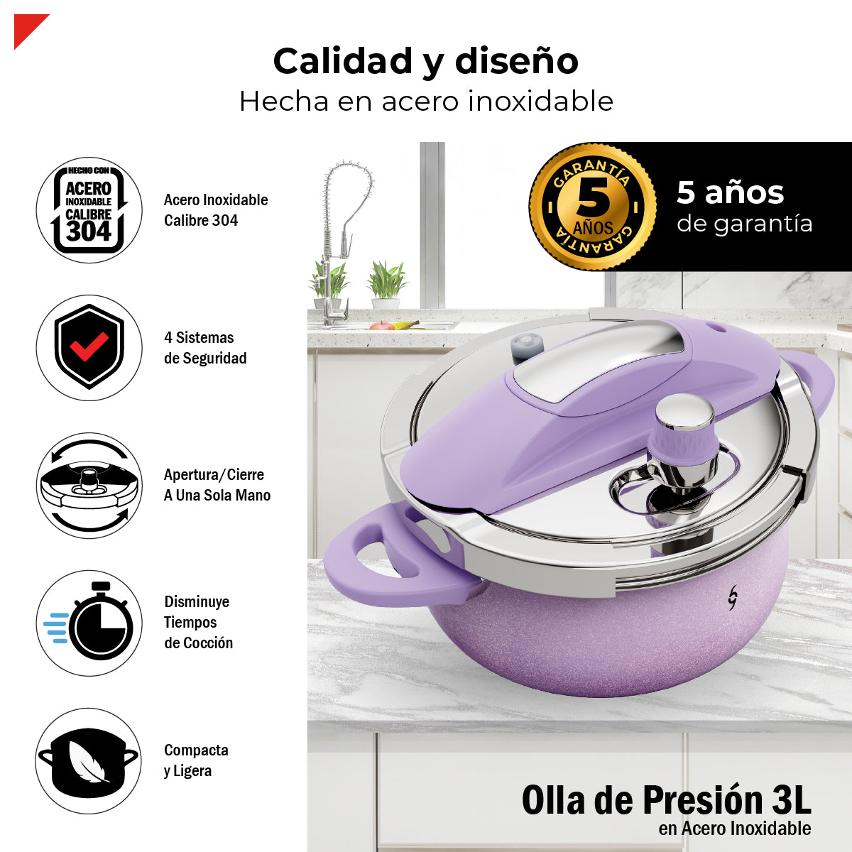 Bogner Olla De Presión 3l Acero Inox 304 Color Morado BPC03P