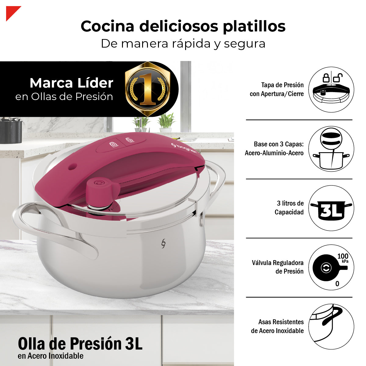 Olla De Presión Bogner 3l Inoxidable 304 Alta Seguridad