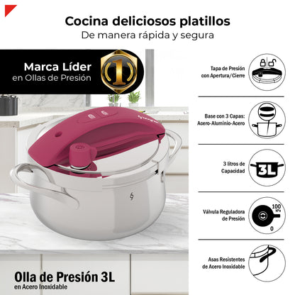 Olla De Presión Bogner 3l Inoxidable 304 Alta Seguridad