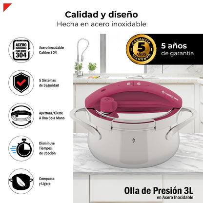 Olla De Presión Bogner 3l Inoxidable 304 Alta Seguridad