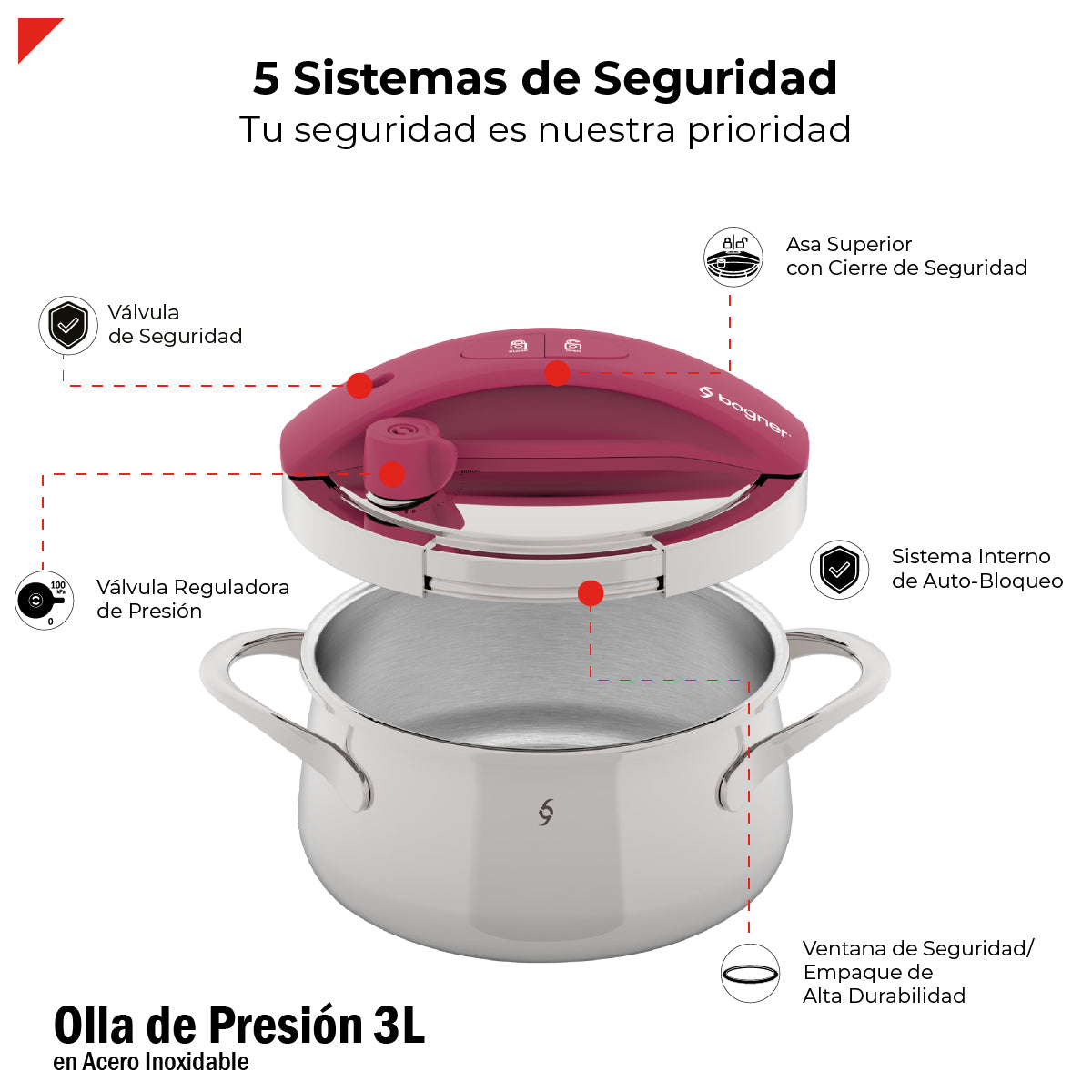 Olla De Presión Bogner 3l Inoxidable 304 Alta Seguridad