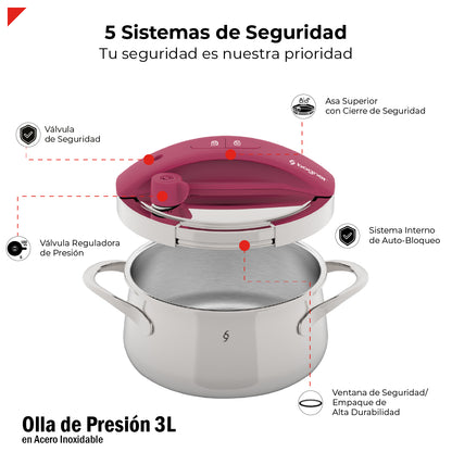 Olla De Presión Bogner 3l Inoxidable 304 Alta Seguridad