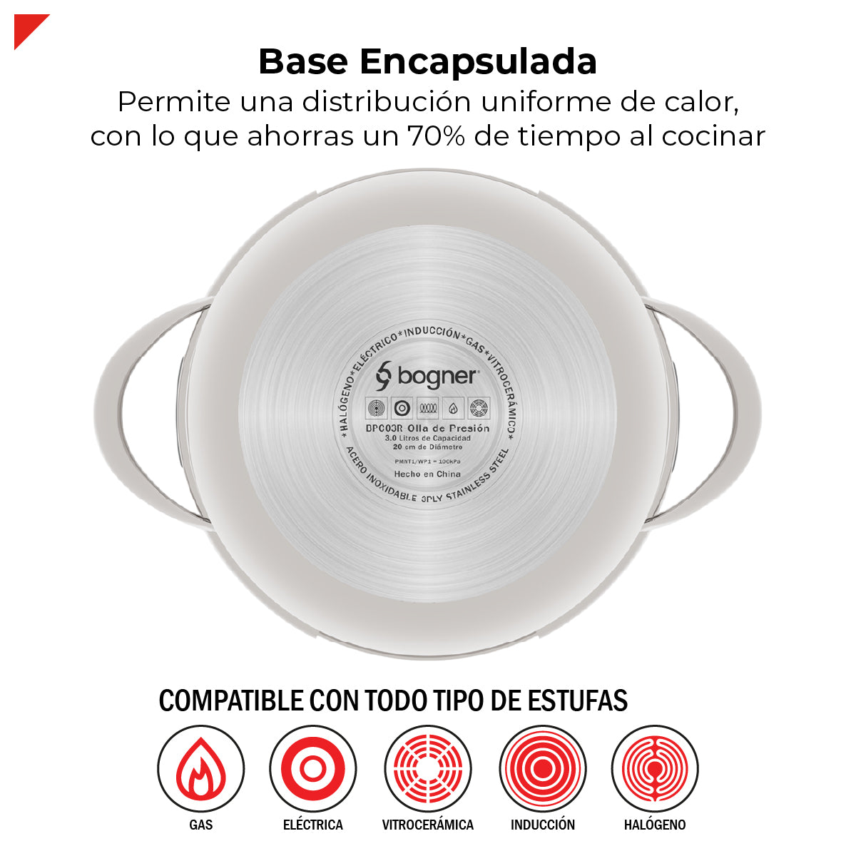 Olla De Presión Bogner 3l Inoxidable 304 Alta Seguridad