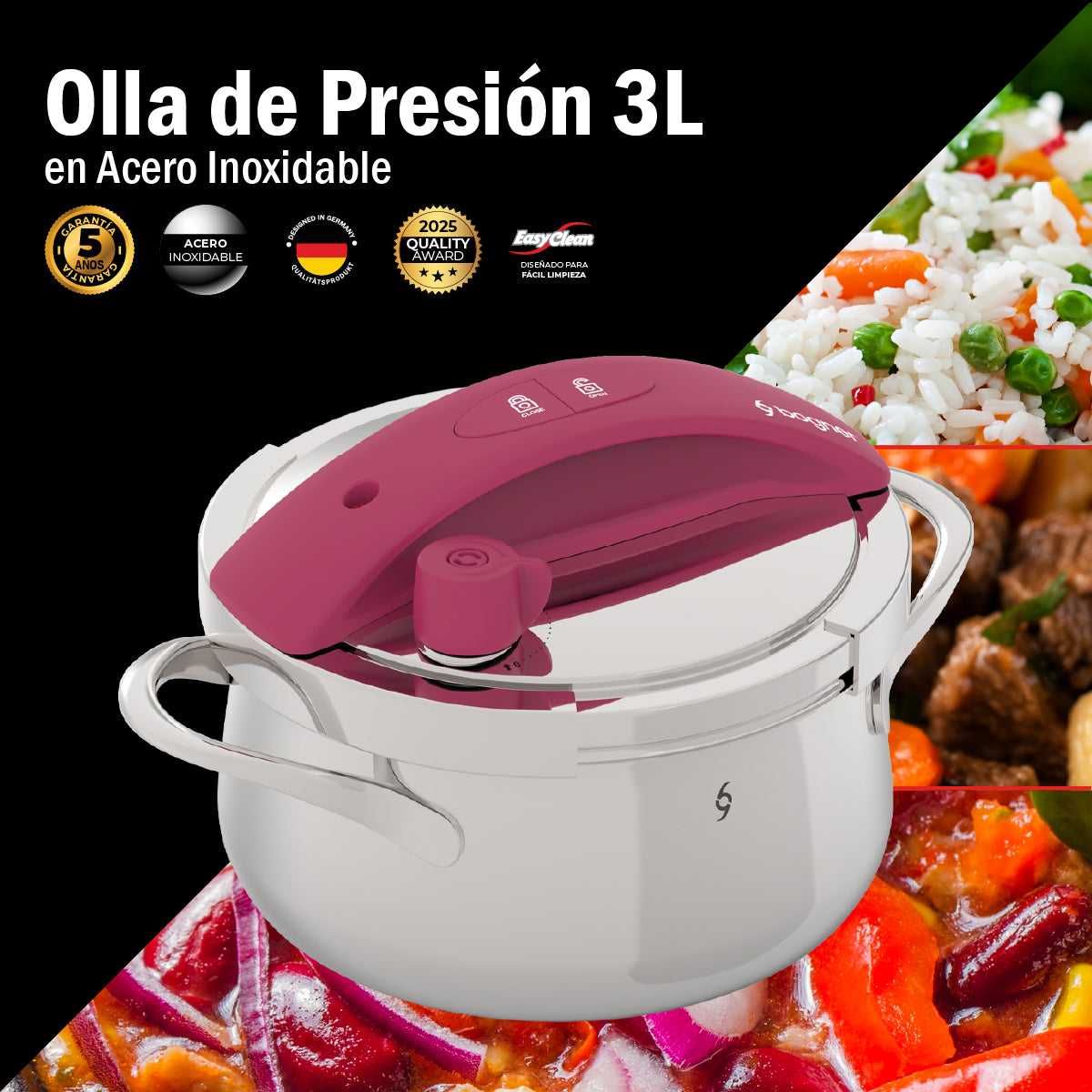 Olla De Presión Bogner 3l Inoxidable 304 Alta Seguridad