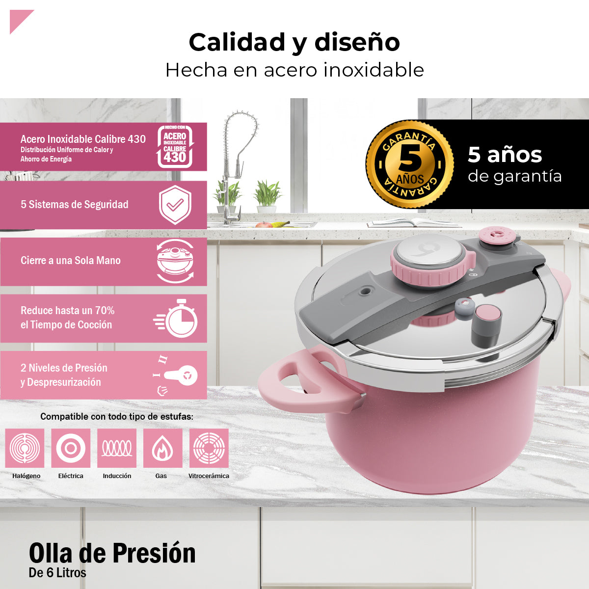Bogner Olla De Presión 6l Acero Inox Rosa BPC06P