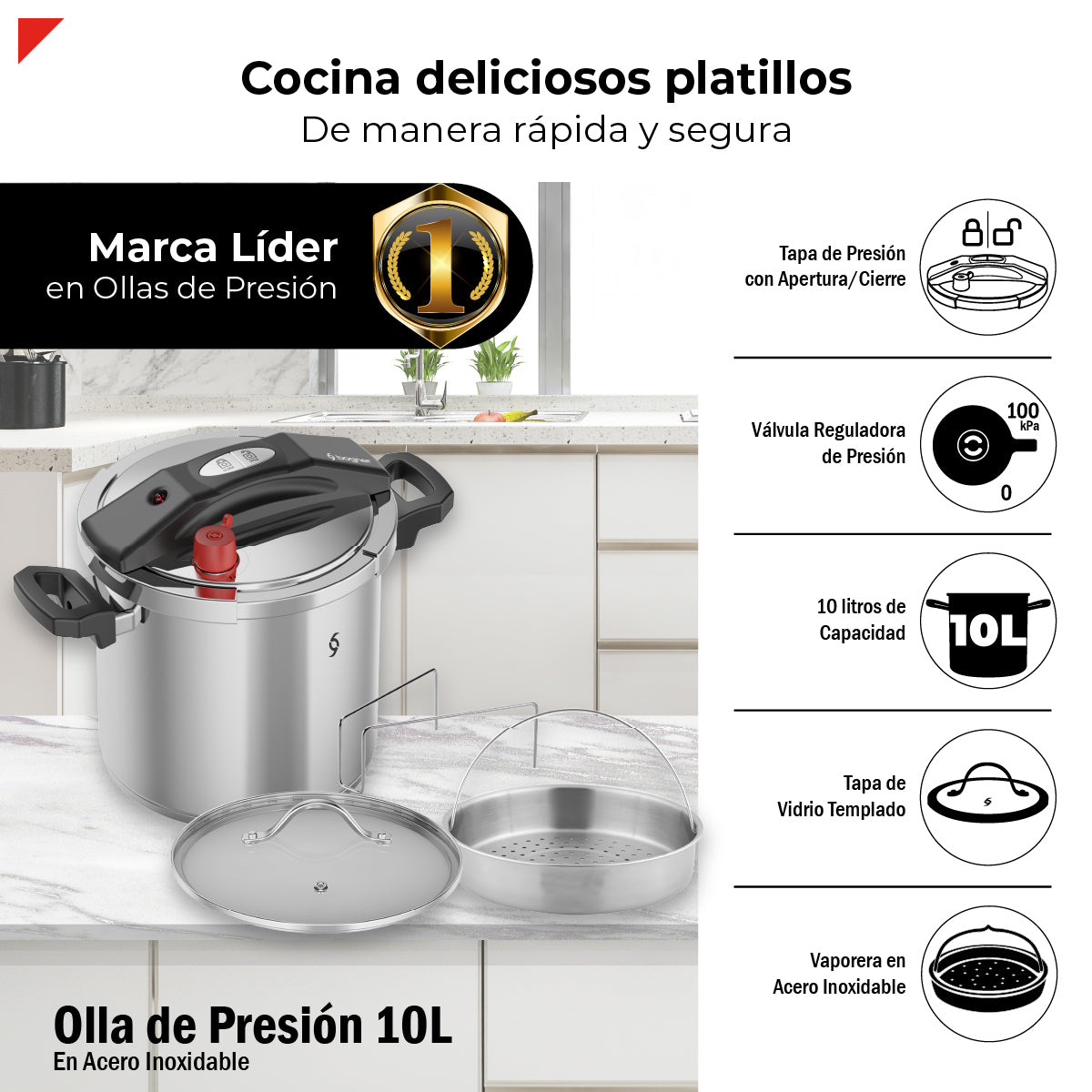Olla De Presión Bogner 10l Inox 304 Vaporera Tapa De Vidrio