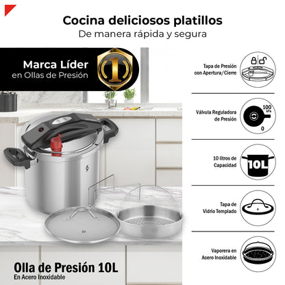 Olla De Presión Bogner 10l Inox 304 Vaporera Tapa De Vidrio