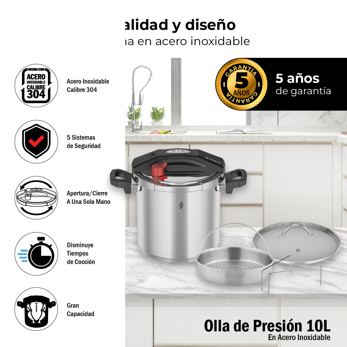 Olla De Presión Bogner 10l Inox 304 Vaporera Tapa De Vidrio