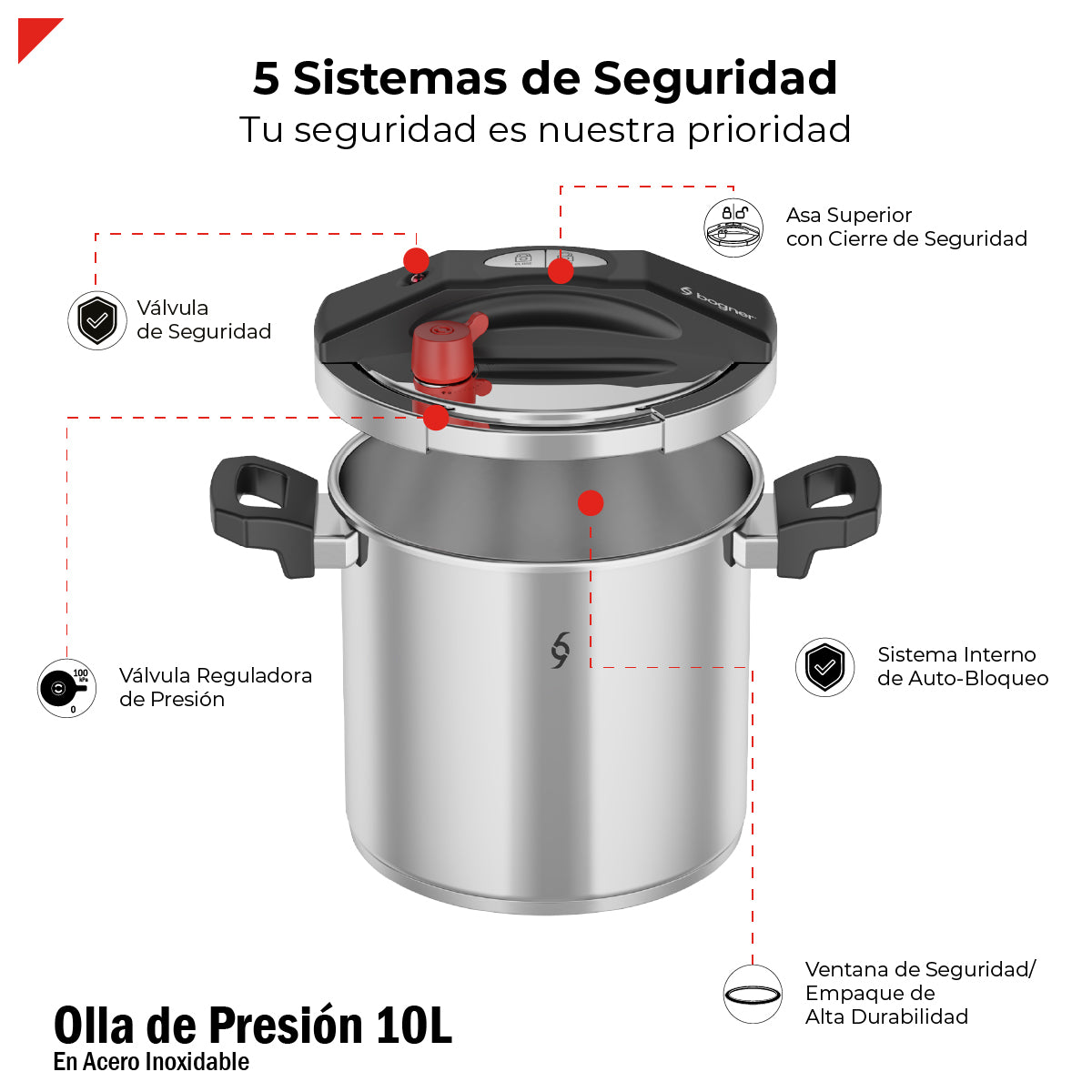 Olla De Presión Bogner 10l Inox 304 Vaporera Tapa De Vidrio