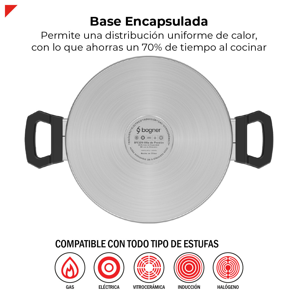 Olla De Presión Bogner 10l Inox 304 Vaporera Tapa De Vidrio