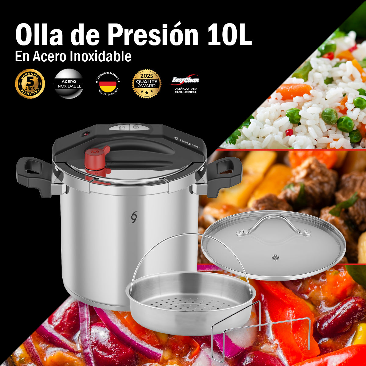 Olla De Presión Bogner 10l Inox 304 Vaporera Tapa De Vidrio