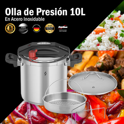Olla De Presión Bogner 10l Inox 304 Vaporera Tapa De Vidrio