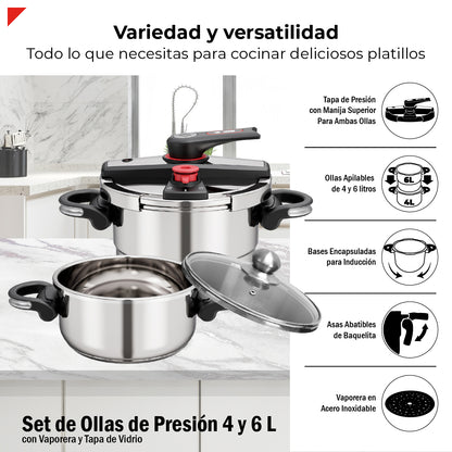 Set De Ollas De Presion Bogner 4 Y 6l Inox 304 Vapor Y Tapa