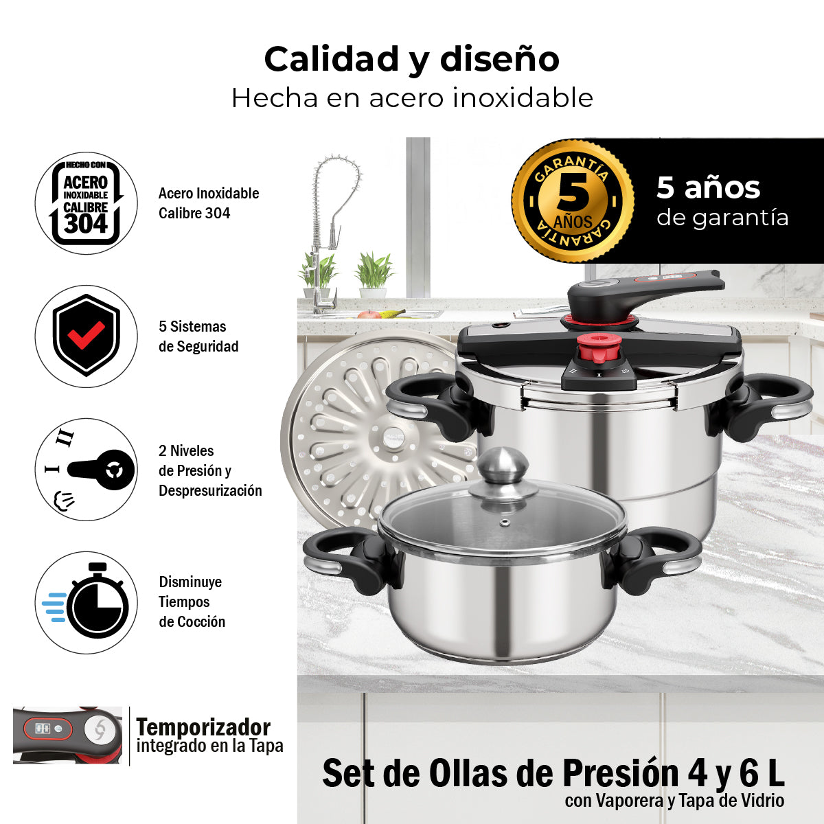 Set De Ollas De Presion Bogner 4 Y 6l Inox 304 Vapor Y Tapa
