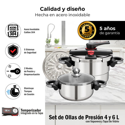 Set De Ollas De Presion Bogner 4 Y 6l Inox 304 Vapor Y Tapa