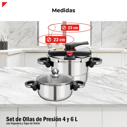Set De Ollas De Presion Bogner 4 Y 6l Inox 304 Vapor Y Tapa