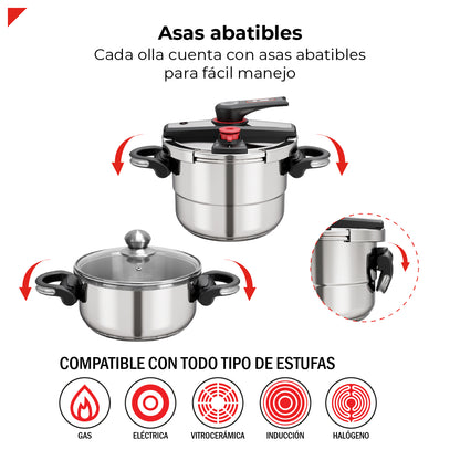 Set De Ollas De Presion Bogner 4 Y 6l Inox 304 Vapor Y Tapa