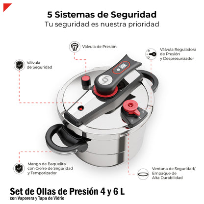 Set De Ollas De Presion Bogner 4 Y 6l Inox 304 Vapor Y Tapa