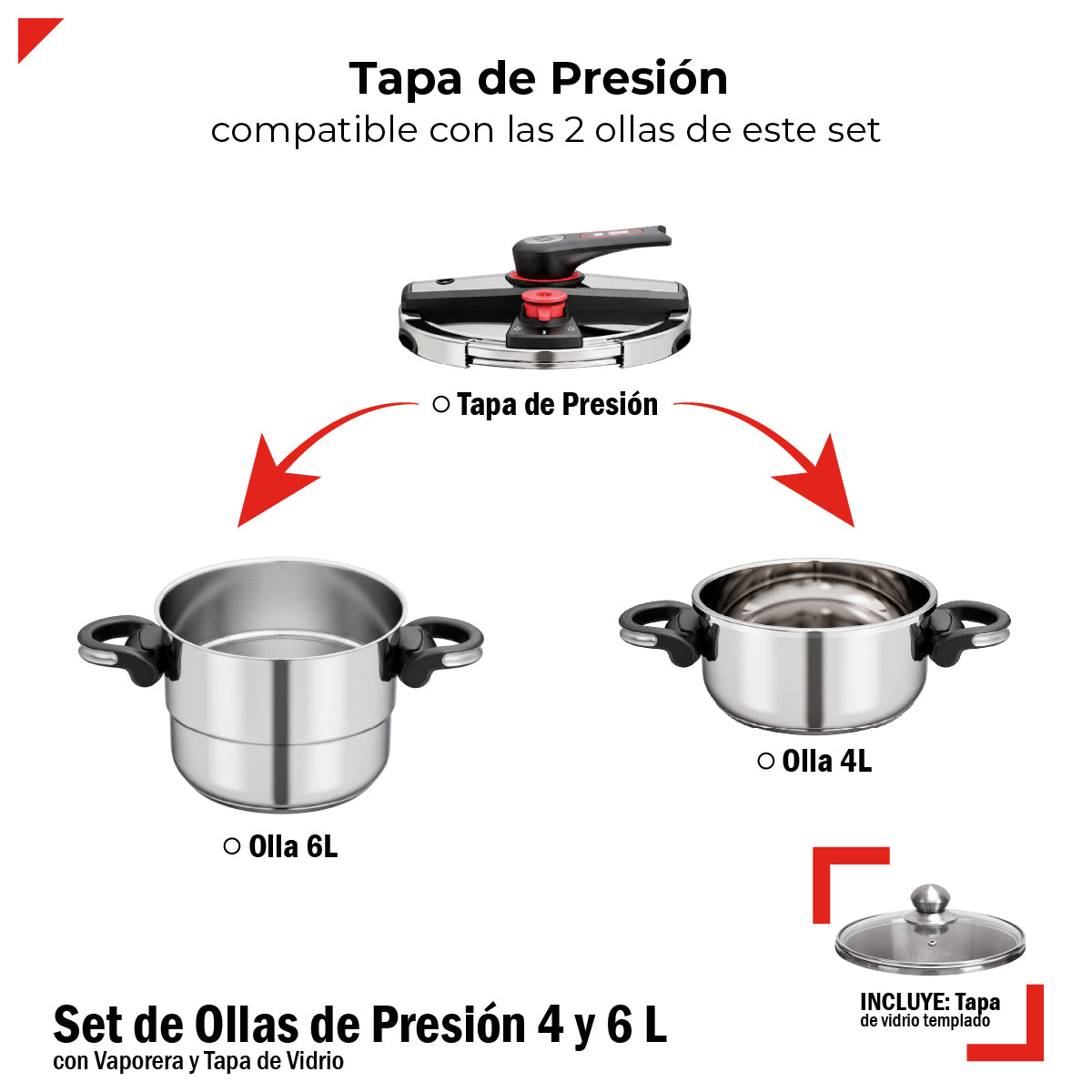 Set De Ollas De Presion Bogner 4 Y 6l Inox 304 Vapor Y Tapa