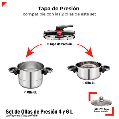 Set De Ollas De Presion Bogner 4 Y 6l Inox 304 Vapor Y Tapa
