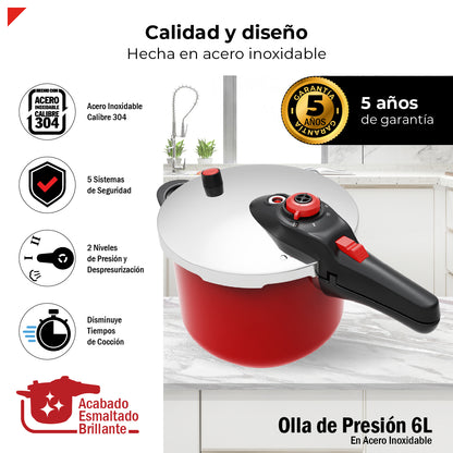 Bogner Olla de Presión de 6L BPCR06L – Acero Inoxidable 304, 5 Sistemas de Seguridad, 2 Niveles de Cocción