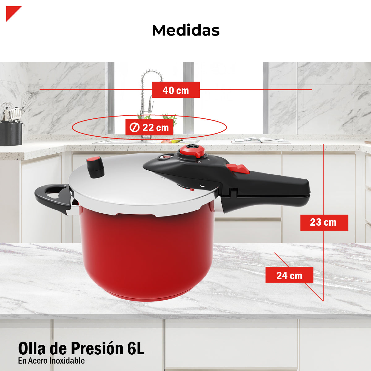 Bogner Olla de Presión de 6L BPCR06L – Acero Inoxidable 304, 5 Sistemas de Seguridad, 2 Niveles de Cocción