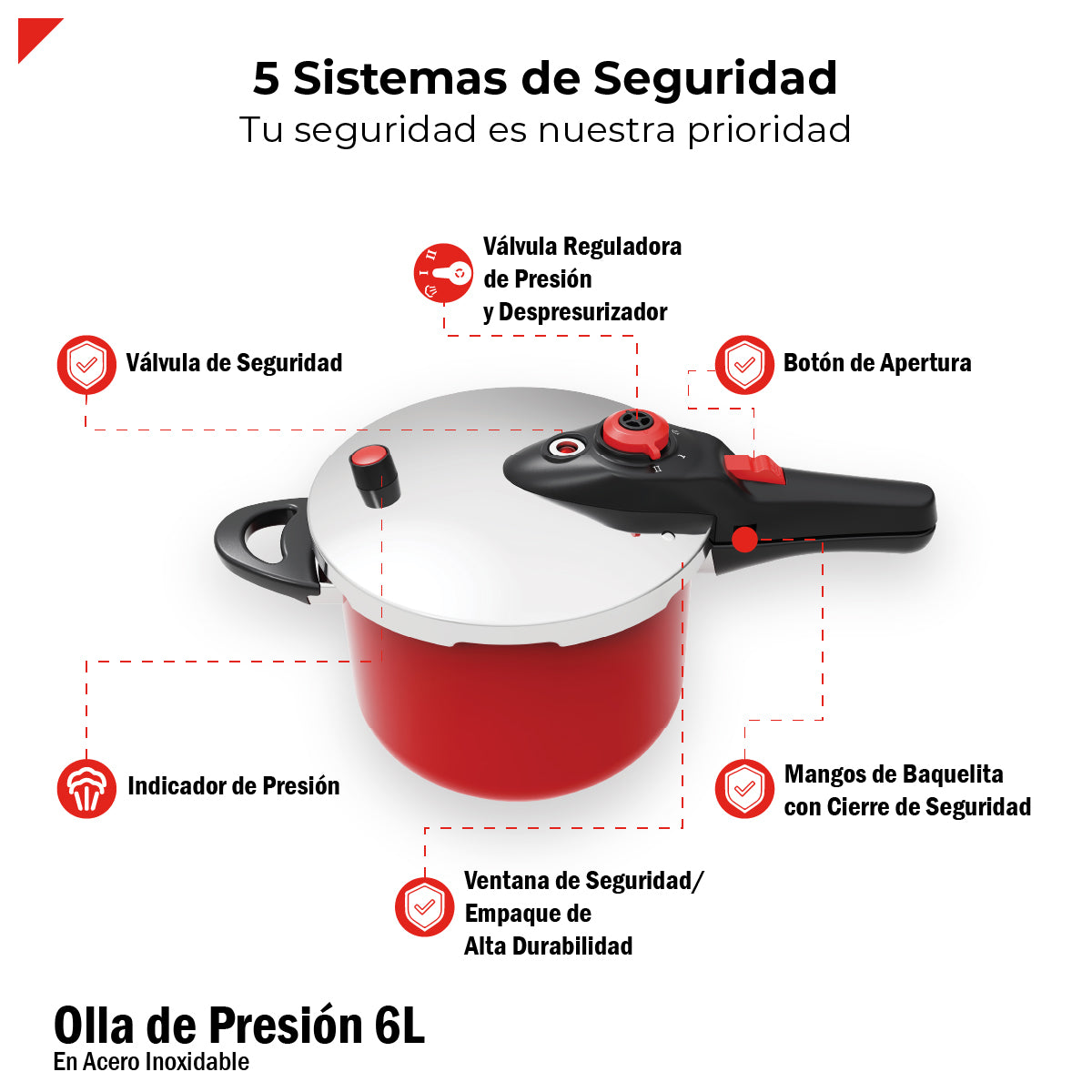 Bogner Olla de Presión de 6L BPCR06L – Acero Inoxidable 304, 5 Sistemas de Seguridad, 2 Niveles de Cocción