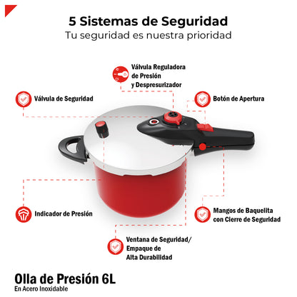 Bogner Olla de Presión de 6L BPCR06L – Acero Inoxidable 304, 5 Sistemas de Seguridad, 2 Niveles de Cocción