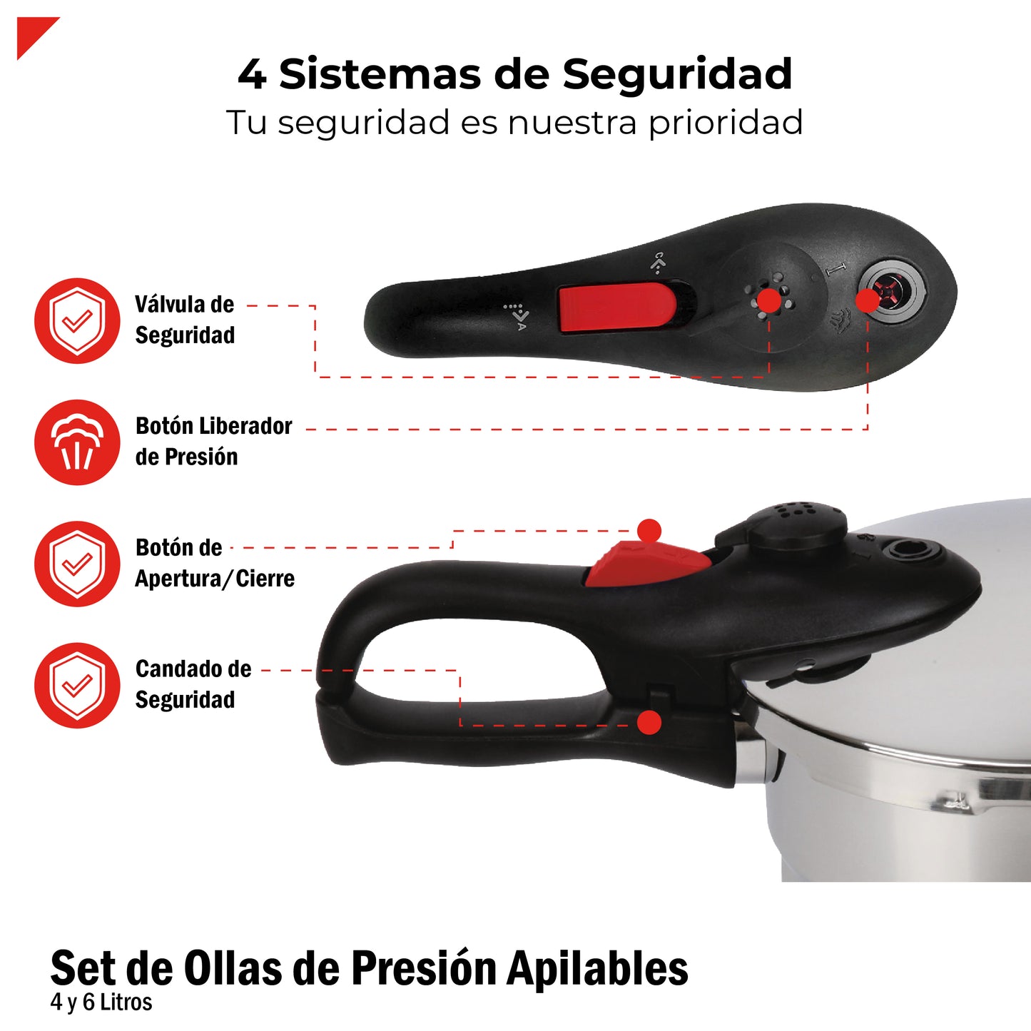 Ollas de presión set de 4 y 6 l en acero inoxidable 18/8 con accesorios, tapa de cristal y vaporera