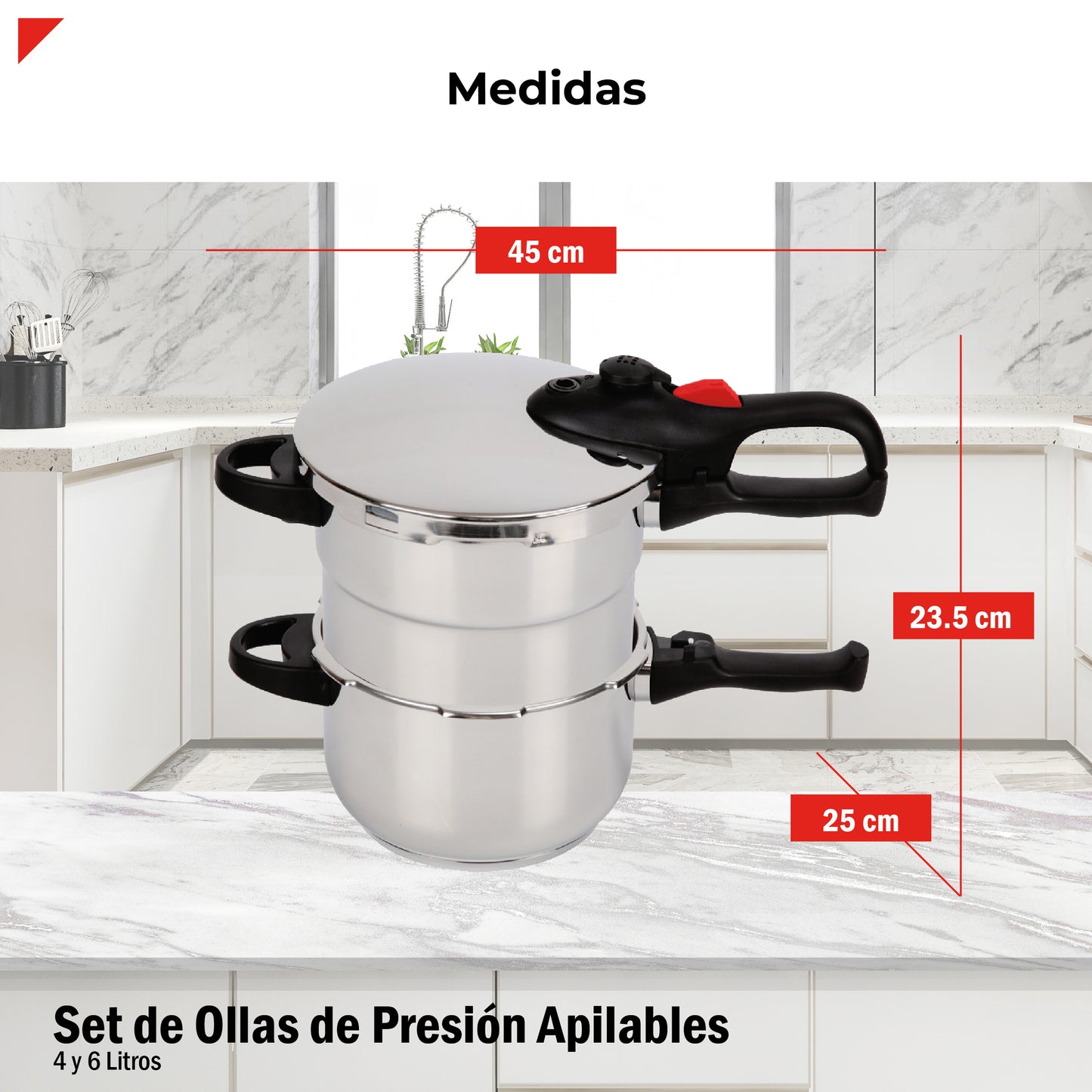 Ollas de presión set de 4 y 6 l en acero inoxidable 18/8 con accesorios, tapa de cristal y vaporera