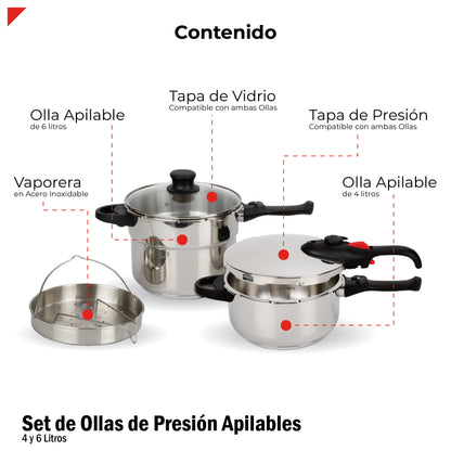 Ollas de presión set de 4 y 6 l en acero inoxidable 18/8 con accesorios, tapa de cristal y vaporera