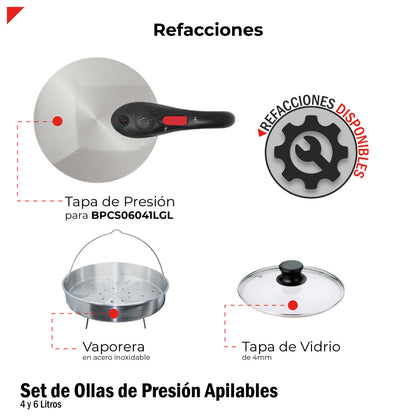 Ollas de presión set de 4 y 6 l en acero inoxidable 18/8 con accesorios, tapa de cristal y vaporera