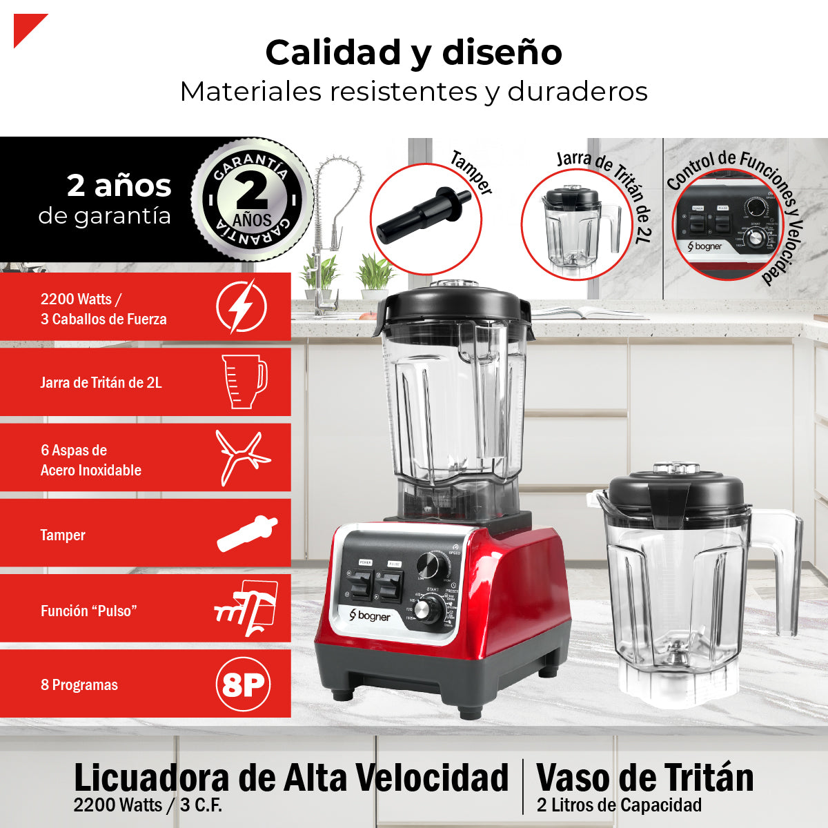 Bogner Combo Licuadora de Alta Potencia BSB03R 2200W + Vaso Extra