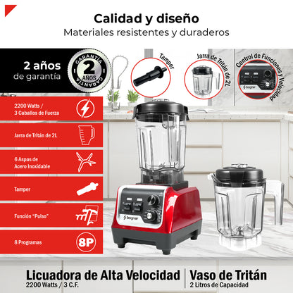 Bogner Combo Licuadora de Alta Potencia BSB03R 2200W + Vaso Extra