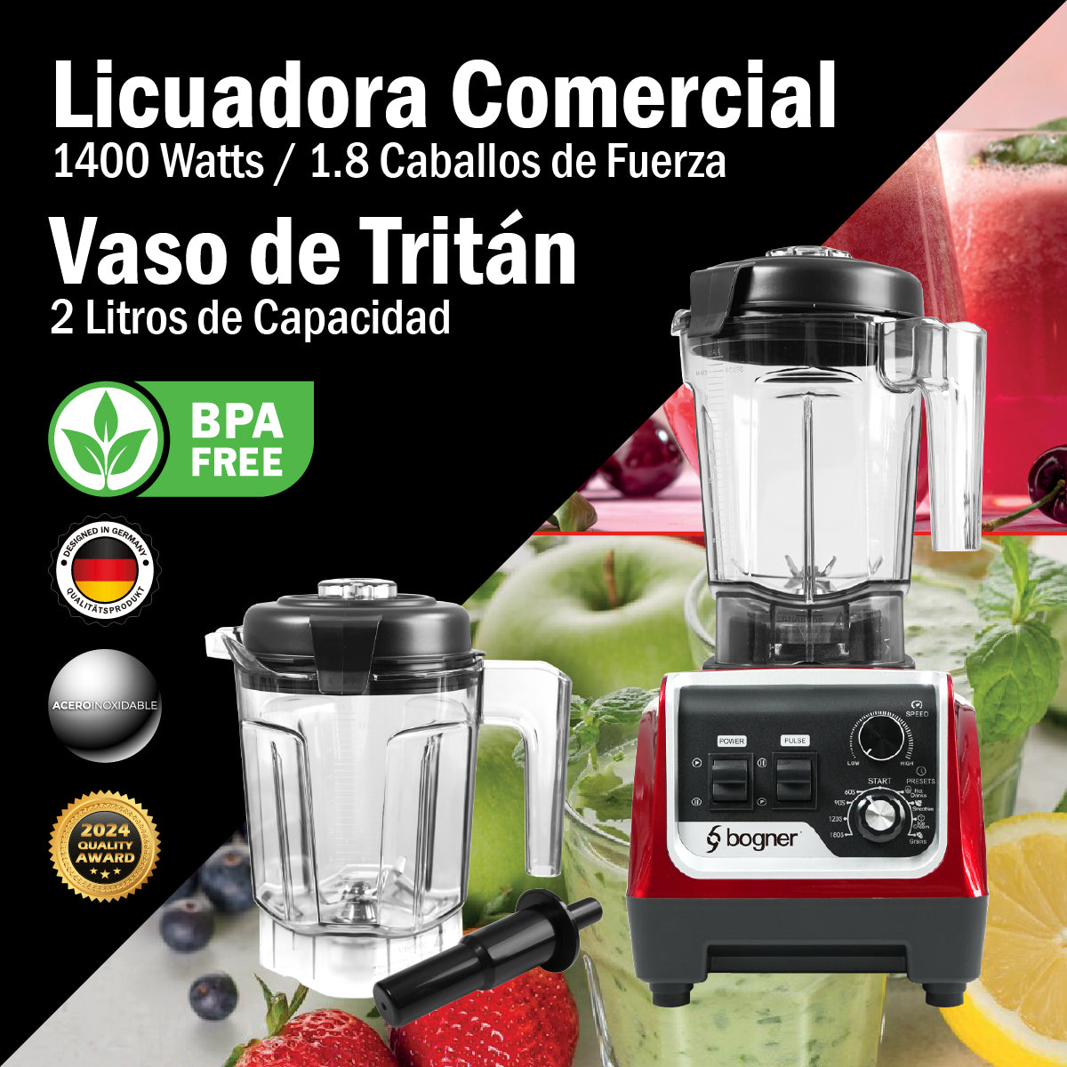 Bogner Combo Licuadora de Alta Potencia BSB03R 2200W + Vaso Extra