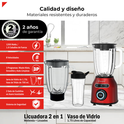 Bogner Combo Licuadora 2 En 1 Con Vaso Para Licuados 1200W + Vaso Extra