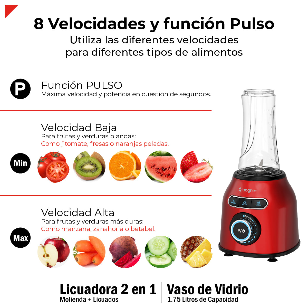 Bogner Combo Licuadora 2 En 1 Con Vaso Para Licuados 1200W + Vaso Extra