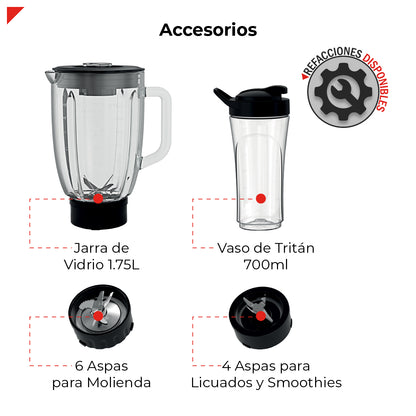 Bogner Combo Licuadora 2 En 1 Con Vaso Para Licuados 1200W + Vaso Extra