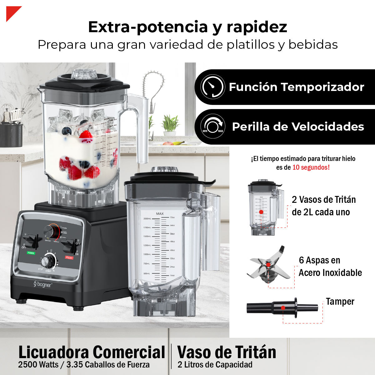 Bogner Combo Licuadora Comercial 2500w 2L Tritán BSB07N + Vaso Extra