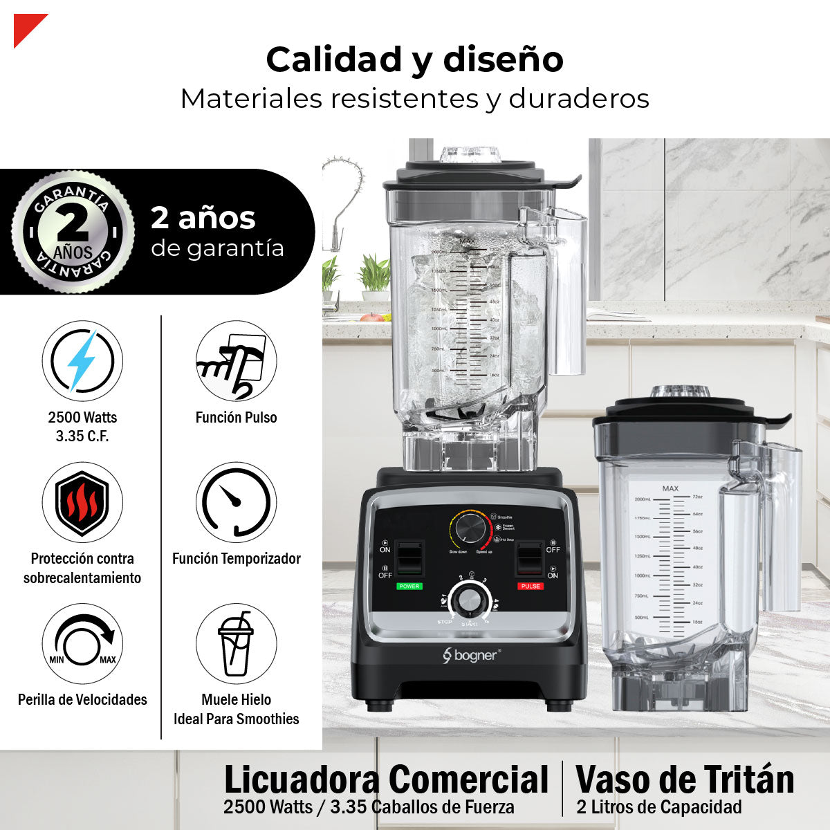 Bogner Combo Licuadora Comercial 2500w 2L Tritán BSB07N + Vaso Extra