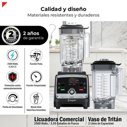 Bogner Combo Licuadora Comercial 2500w 2L Tritán BSB07N + Vaso Extra