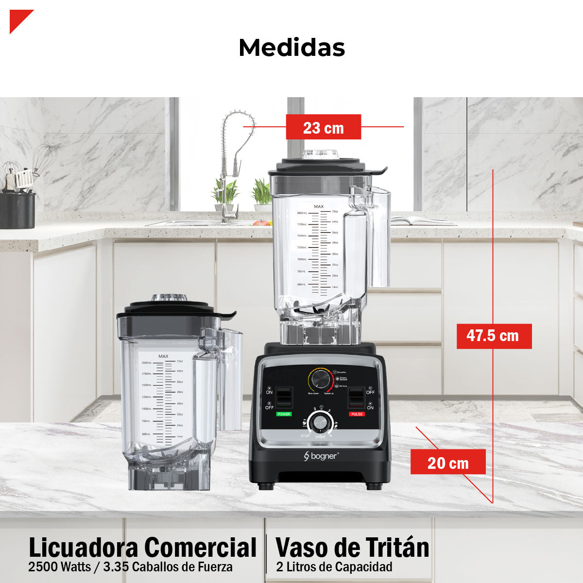 Bogner Combo Licuadora Comercial 2500w 2L Tritán BSB07N + Vaso Extra