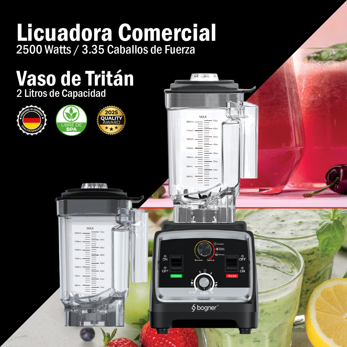 Bogner Combo Licuadora Comercial 2500w 2L Tritán BSB07N + Vaso Extra