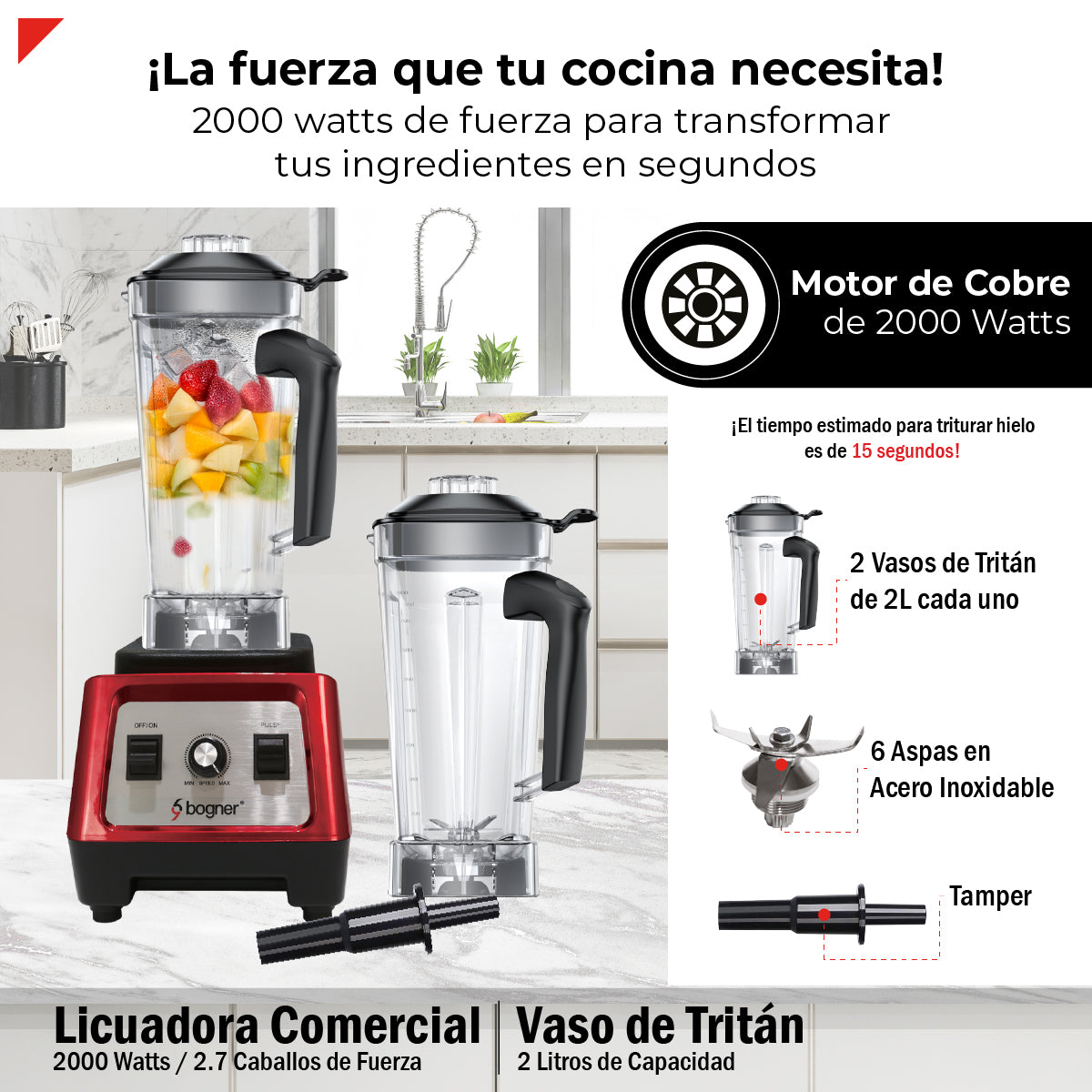 Bogner Combo Licuadora Comercial 2000w 2L Tritán BSB08S + Vaso Extra