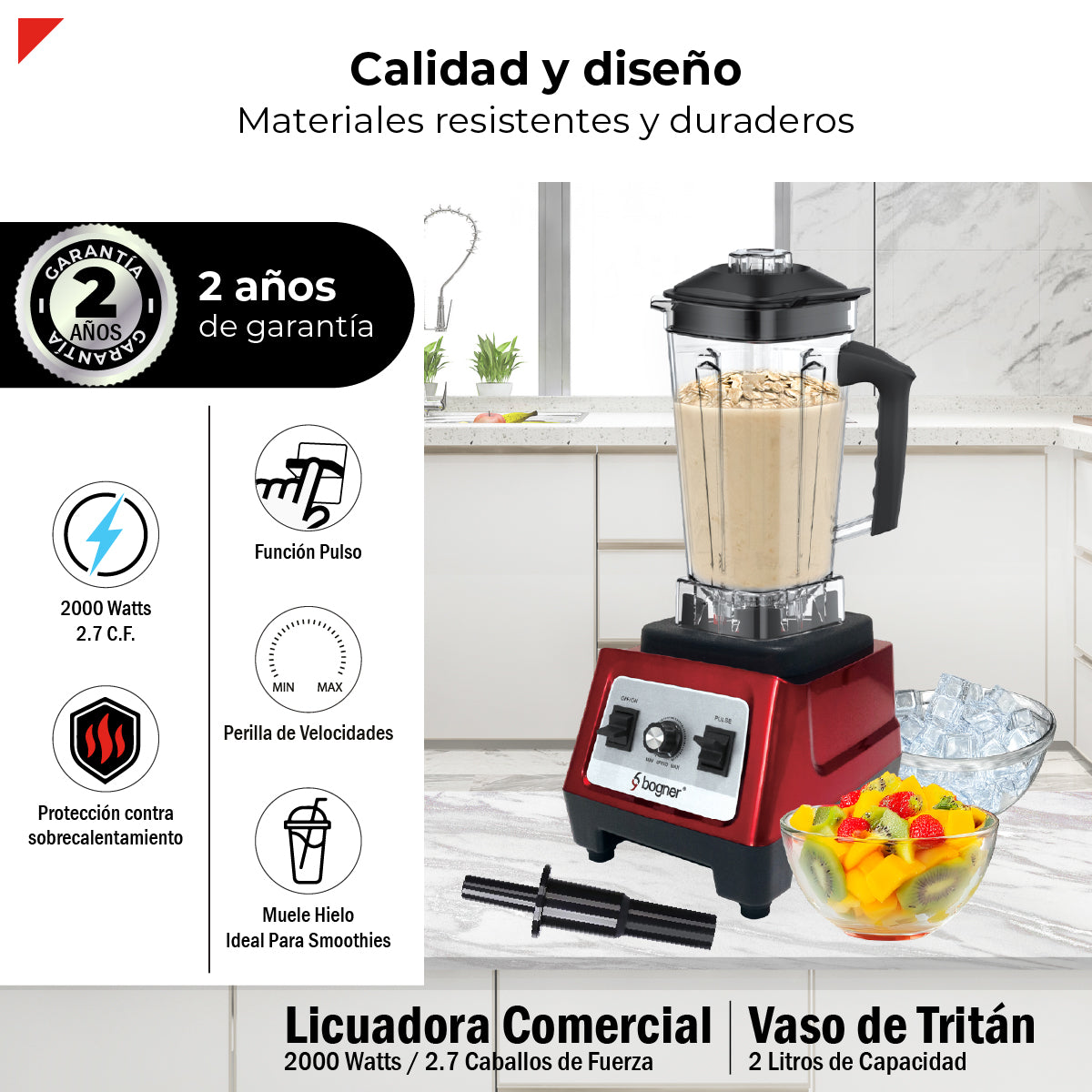 Bogner Combo Licuadora Comercial 2000w 2L Tritán BSB08S + Vaso Extra