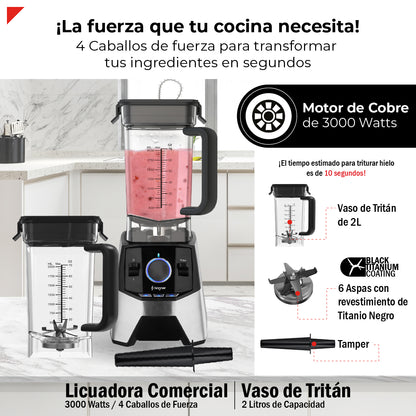 Bogner Combo Licuadora Profesional BSB09S – 3000W, 2L, Cuchillas Titanio + Vaso Extra