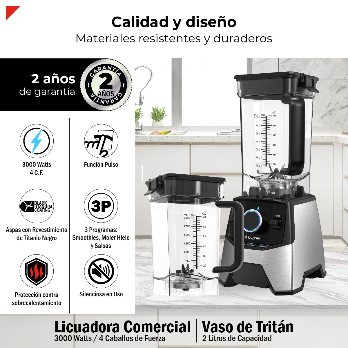 Bogner Combo Licuadora Profesional BSB09S – 3000W, 2L, Cuchillas Titanio + Vaso Extra