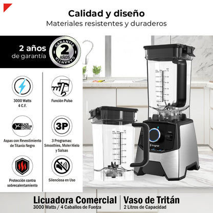 Bogner Combo Licuadora Profesional BSB09S – 3000W, 2L, Cuchillas Titanio + Vaso Extra