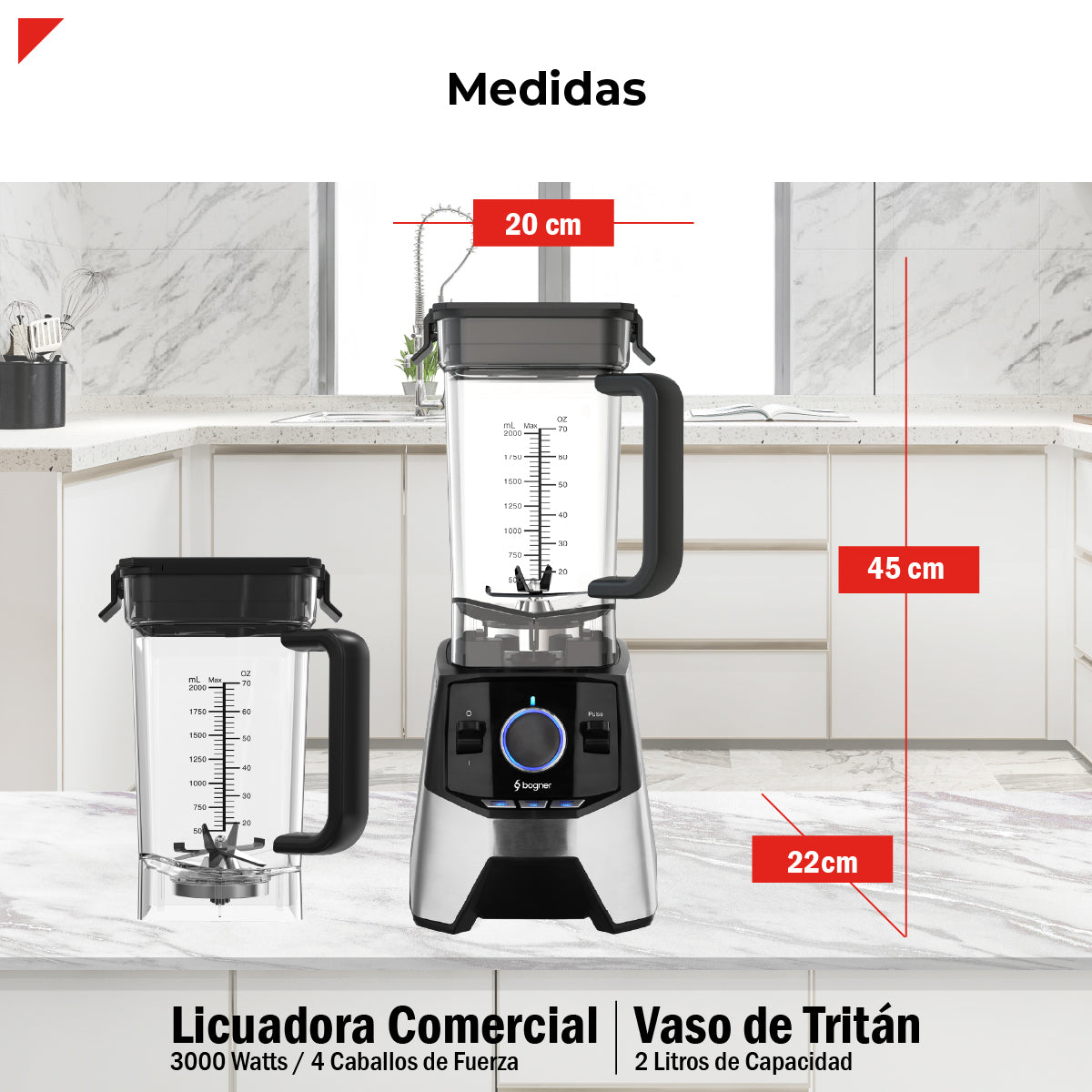 Bogner Combo Licuadora Profesional BSB09S – 3000W, 2L, Cuchillas Titanio + Vaso Extra