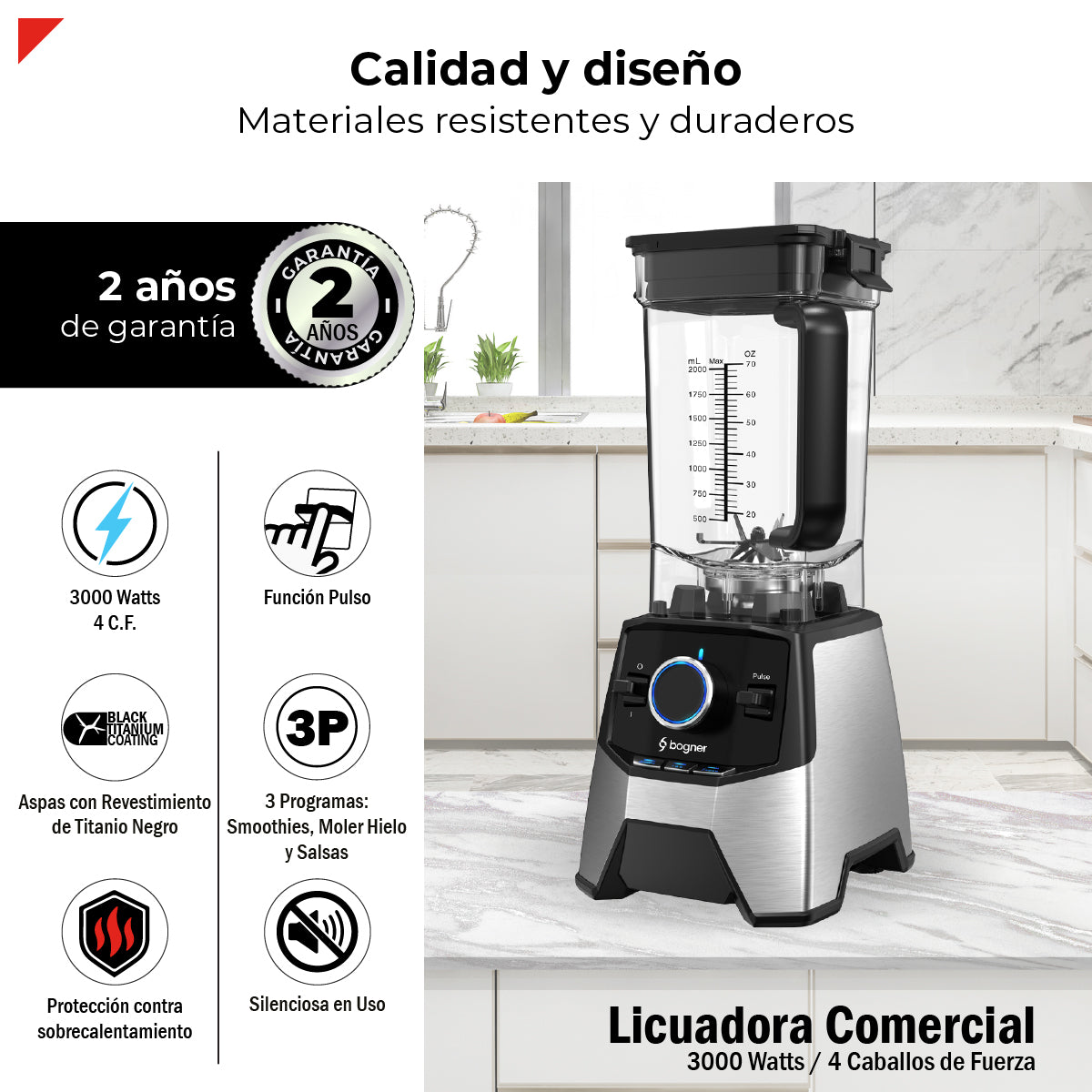 Bogner Licuadora Profesional BSB09S – 3000W, 2L, 3 Programas, Cuchillas Titanio, Acero Inoxidable